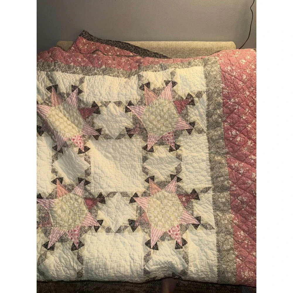 Pink Floral‎ Star Patchwork Quilt and Pillow Sham Set Cottage Core King Bedding